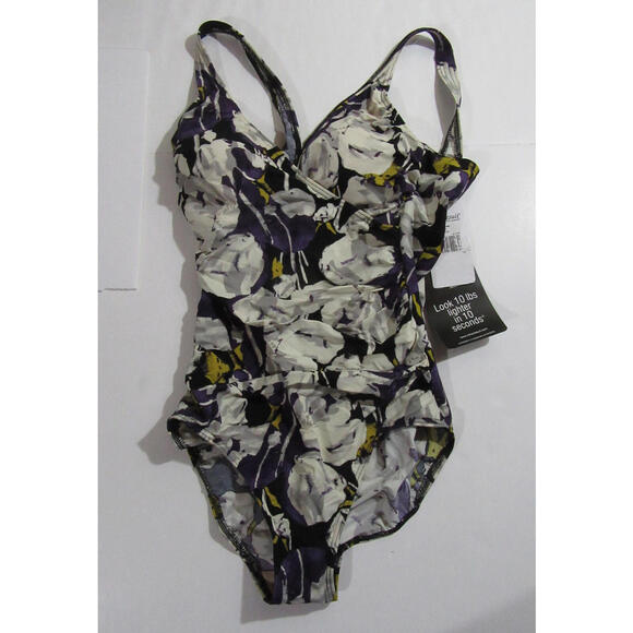 Miraclesuit Womens 1 Piece Swimsuit Purple and Black Floral Size 12 - Picture 1 of 5